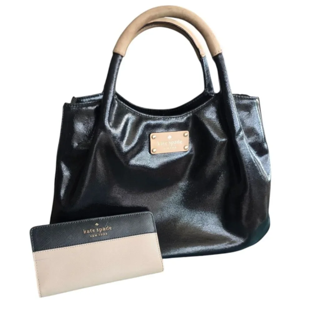 Kate Spade New York Black Satchel Bag & Wallet Twilly Handle Wraps Gold Hardware